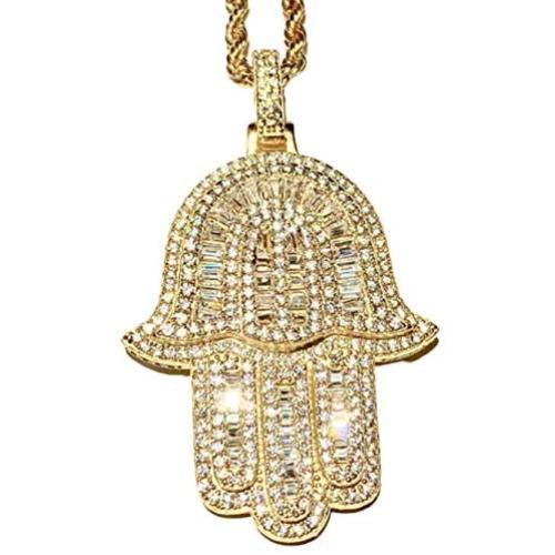 Shop-iGold Hamsa Evil Eye Protector Men Women 925 Italy Gold Finish Iced Silver Charm Pendant Stainless Steel Real 3 mm Rope Chain, Mans Jewelry, Iced Pendant, Rope Necklace 16''- 24''