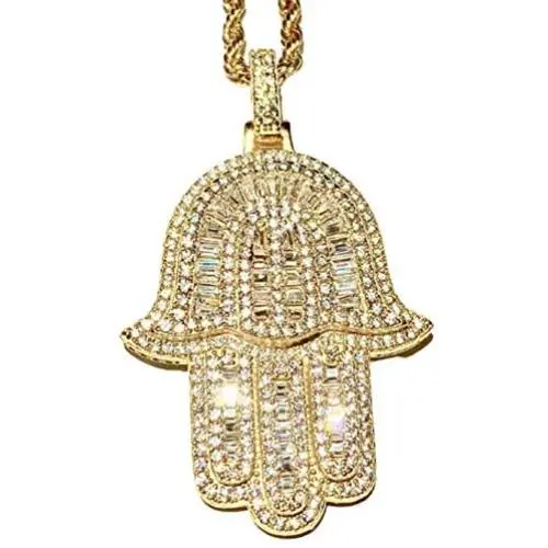 Shop-iGold Hamsa Evil Eye Protector Men Women 925 Italy Gold Finish Iced Silver Charm Pendant Stainless Steel Real 3 mm Rope Chain, Mans Jewelry, Iced Pendant, Rope Necklace 16''- 24''