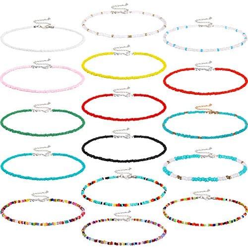 16 Pieces Boho Beads Choker Seed Beaded Choker Necklace Colorful Bead Necklace for Women Jewelry Gifts
