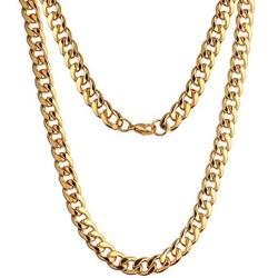 Men Gold Necklace Chain, Gold Plated Figaro Chain Link, Stainless Steel 8mm Wide Curb Hip Hop Chian Necklace 24Inch