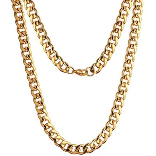 Men Gold Necklace Chain, Gold Plated Figaro Chain Link, Stainless Steel 8mm Wide Curb Hip Hop Chian Necklace 24Inch