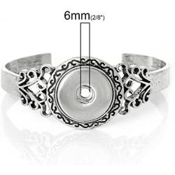 Snap Button Hard Bangle Bracelet, Antiqued Silver Tone - 7.5 inch
