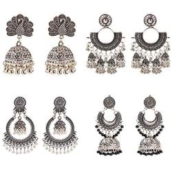 DOUVEI 4 Pairs/set Oxidized Bollywood Round Bell Tassel Jhumki Jhumka Earrings for Women Vintage Bells Tassel Dangle Ethnic Traditional Indian Egypt Gypsy Drop Earrings