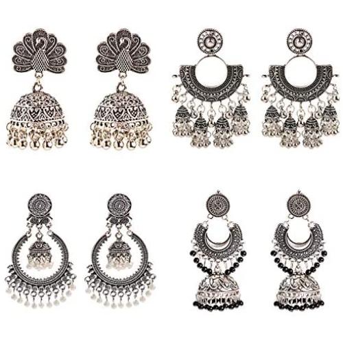 DOUVEI 4 Pairs/set Oxidized Bollywood Round Bell Tassel Jhumki Jhumka Earrings for Women Vintage Bells Tassel Dangle Ethnic Traditional Indian Egypt Gypsy Drop Earrings