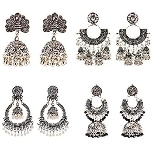 DOUVEI 4 Pairs/set Oxidized Bollywood Round Bell Tassel Jhumki Jhumka Earrings for Women Vintage Bells Tassel Dangle Ethnic Traditional Indian Egypt Gypsy Drop Earrings DOUVEI 4 Pairs/set Oxidized Bollywood Round Bell Tassel Jhumki Jhumka Earrings for Women Vintage Bells Tassel Dangle Ethnic Traditional Indian Egypt Gypsy Drop Earrings