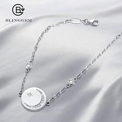 BlingGem Bracelet for Women Crescent Moon and Star Charm 925 Sterling Silver White Gold-Plated Cubic Zirconia Moon Star Bracelet Mothers Gift for Women Mom Daughter
