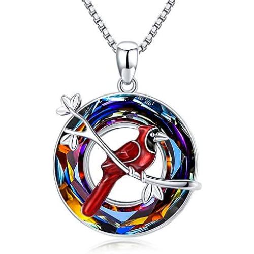 JUSTKIDSTOY Cardinal Necklace Jewelry 925 Sterling Silver Cute Red Bird Pendant Necklace with Crystal Memorial Gifts for Women Girls