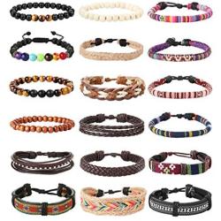 LOLIAS 18Pcs Leather Chakra Bead Tribal Bracelet for Men Women Charm Ethnic Wood Beaded Hemp Bracelets Boho Wristbands