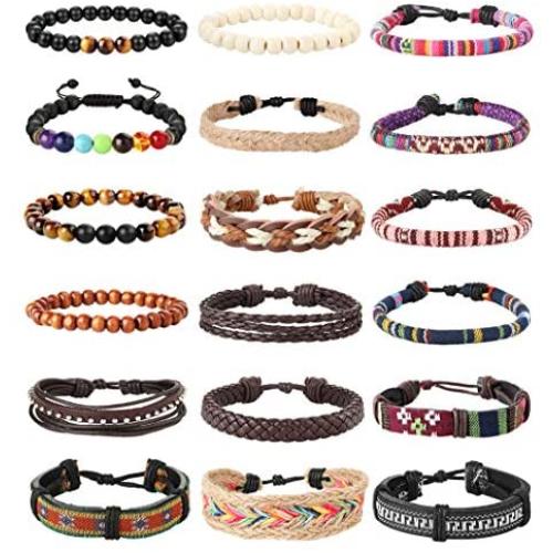 LOLIAS 18Pcs Leather Chakra Bead Tribal Bracelet for Men Women Charm Ethnic Wood Beaded Hemp Bracelets Boho Wristbands