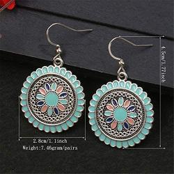 DAMLENG 3 Pairs Bohemian Vintage Round Enamel Flower Pattern Dangle Earrings Retro Boho Dangle Drop Earrings for Women Girls Jewelry Accessories Set