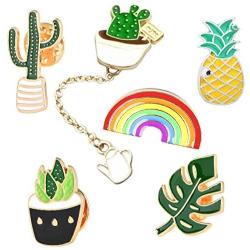 Cute Enamel Lapel Pin Set, 6pcs Cartoon Brooch Pin Badges for Clothes Bags Backpacks - Rainbow Cactus Succulent Leaves Pineapple