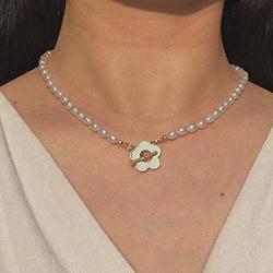 YorzAhar Mini Pearl Necklace with Gold Flower Clasp Pearl Choker Necklace for Women Teenagers Gifts
