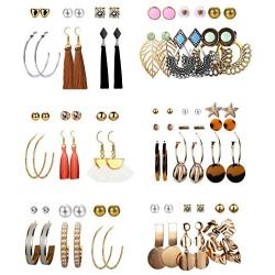 Finrezio 39 Pairs Tassel Earrings Set for Women Ball Crystal Bar Heart Flower Stud Pearl Metal Leaf Acrylic Dangle Hoop Earrings Set