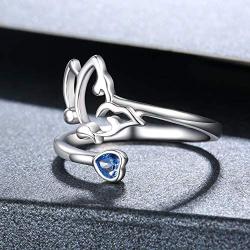 Semicolon Butterfly Survivor Rings 925 Sterling Silver Encouragement Fighter Ring Inspired Jewelry Minimalist Open Tail Finger Stacking Adjustable Ring with Blue CZ for Women Teen Girl Friend Gifts