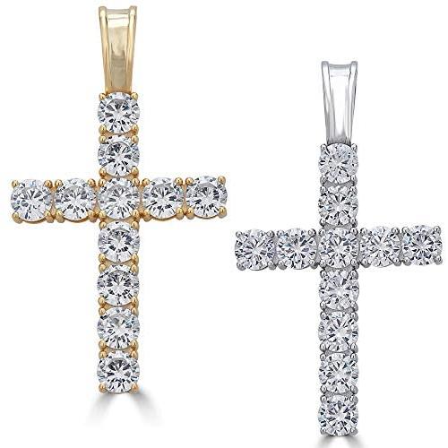 Harlembling Solid 925 Sterling Silver Iced Cross Pendant - 14k Gold Plated - Mens Or Ladies - Tennis Cross - Fits Up to 5mm Chains!