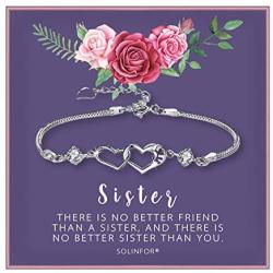 SOLINFOR Sister Bracelet - Sterling Silver Jewelry with Gift Wrapping, Card - Sister Gifts from Sister - Two Interlocking Hearts Bracelet for Women