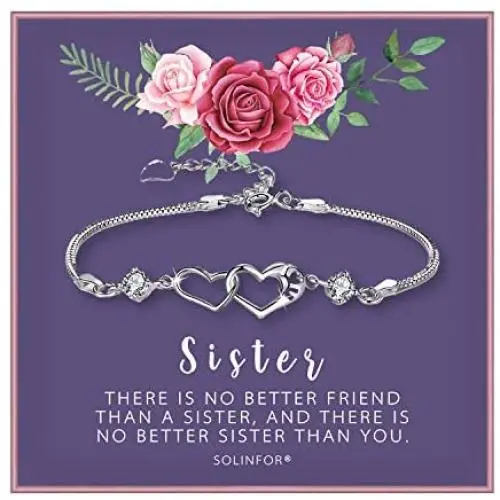 SOLINFOR Sister Bracelet - Sterling Silver Jewelry with Gift Wrapping, Card - Sister Gifts from Sister - Two Interlocking Hearts Bracelet for Women SOLINFOR Sister Bracelet - Sterling Silver Jewelry with Gift Wrapping, Card - Sister Gifts from Sister - Two Interlocking Hearts Bracelet for Women