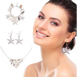 PH PandaHall 3 in 1 Fashion Sea Shell Starfish Faux Pearl Collar Bib Statement Chunky Necklace Bracelet and Earrings Set in Gift Box (Platinum)