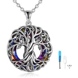 TOUPOP Cremation Jewelry s925 Sterling Silver Tree of Life Urn Necklace Keepsake Ashes Hair Memorial Locket with Volcano Circle Crystal w/Funnel Filler