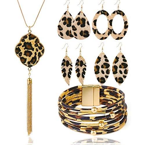 Dremcoue Leopard Jewelry Set for Women Girls Statement Leopard Print Earrings Y-Shaped Long Leopard Necklace with Tassel Leather Cuff Leopard Bracelet 6 Pcs
