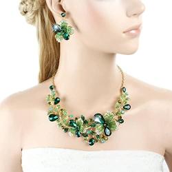 EVER FAITH Womens Rhinestone Crystal Flower Teardrop Necklace Earrings Set Green Gold-Tone