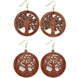 2 Pairs Bohemian Lightweight Wooden Tree of Life Dangle Earrings Handmade Teardrop Round Wood Earrings for Women