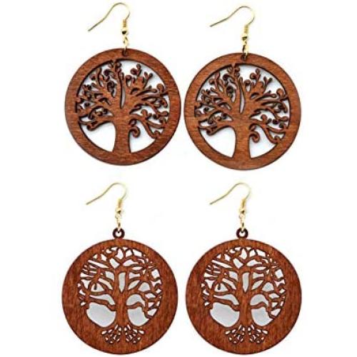 2 Pairs Bohemian Lightweight Wooden Tree of Life Dangle Earrings Handmade Teardrop Round Wood Earrings for Women