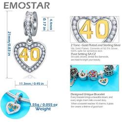 EMOSTAR 16 18 20 21 25 28 30 40 45 50 60 Birthday Charms fit European Bracelet, Dangle 18K Golden Number Heart Pendant with CZ, Anniversary Gifts for Women/Girls