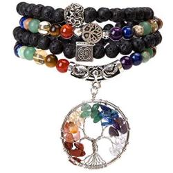 Bivei 108 Mala Beads Bracelet - 7 Chakra Tree of Life Real Healing Gemstone Yoga Meditation Mala Prayer Bead Necklace