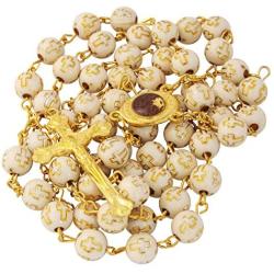 Catholic Beige Rosary Prayer Beaded Jerusalem Cross Crucifix Christ Jesus Necklace Decor with Holy Soil from Jerusalem for Auto Car for Men Women Religious Jewelry Pendant 20.5''