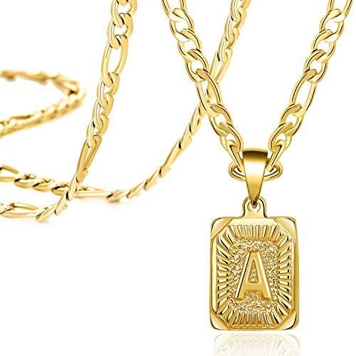 Joycuff Gold Square Initial Necklaces for Women Men Teen Girls Boys Husband Dad Mom Daughter Personalized Name 26 Alphabets Stainless Steel Figaro Chain Vintage Medallion Pendant Necklace