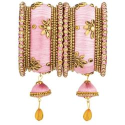 Aheli Royal Design Faux Stone Studded Silk Thread Bangle Chuda Set with Jhumki Tassel Hanging Indian Wedding Fashion Jewelry for Women