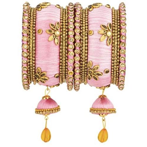 Aheli Royal Design Faux Stone Studded Silk Thread Bangle Chuda Set with Jhumki Tassel Hanging Indian Wedding Fashion Jewelry for Women