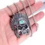 PAMTIER Mens Stainless Steel Silver Native American Indian Tribal Chief Headdress Skull Necklace