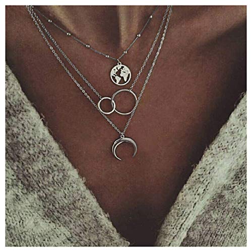 Moon World Map Pendant Necklace Boho Lariat Circle Multilayer Crescent Necklace Chain Jewelry for Women Girls (Silver)