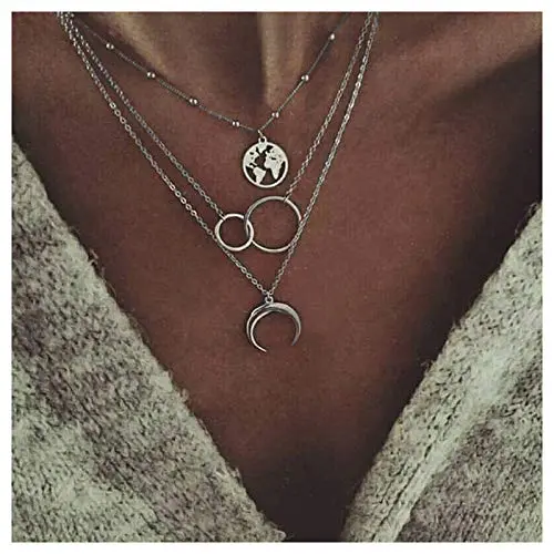 Moon World Map Pendant Necklace Boho Lariat Circle Multilayer Crescent Necklace Chain Jewelry for Women Girls (Silver)
