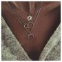 Moon World Map Pendant Necklace Boho Lariat Circle Multilayer Crescent Necklace Chain Jewelry for Women Girls (Silver)