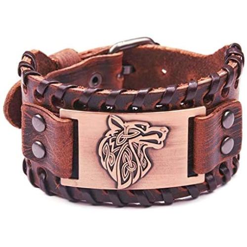 GUNGNEER Norse Vegvisir Wolf Tree of Life Yggdrasil Valknut Rope Knot Brown Leather Bracelet Viking Gift for Men Women Great Amulet