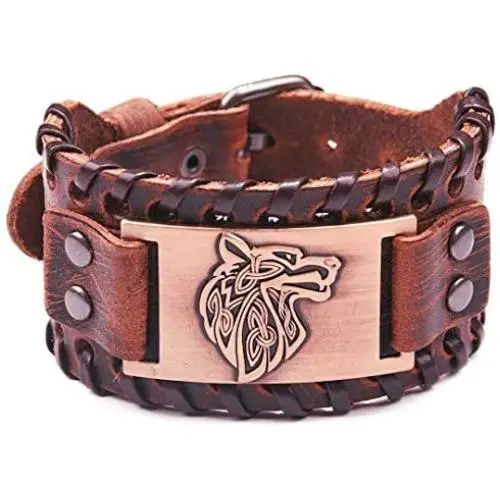 GUNGNEER Norse Vegvisir Wolf Tree of Life Yggdrasil Valknut Rope Knot Brown Leather Bracelet Viking Gift for Men Women Great Amulet GUNGNEER Norse Vegvisir Wolf Tree of Life Yggdrasil Valknut Rope Knot Brown Leather Bracelet Viking Gift for Men Women Great Amulet