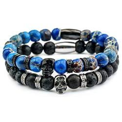 Novum Crafts Beaded Bracelets for Men and Women with Precious Gemstones - Skull Bracelet Set with Lava Stone, Jasper, Onyx or Natural Blue Stone Beads