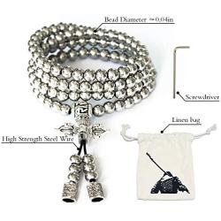 Chimok Full Stainless Steel Buddha Beads Necklace, Destiny Nepal Prayer Hand Bracelet,108 Buddhist Mala Beads for Meditation Prayer,Self Denfense Necklace