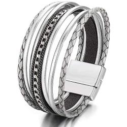 FINETOO Multilayer Leather Wrap Bracelet Handmade Braided Chain Cuff Bangle Alloy Magnet Buckle Bracelets for Women Girls Birthday Gift