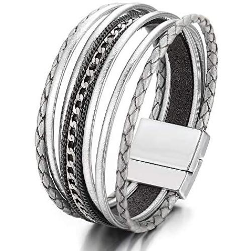 FINETOO Multilayer Leather Wrap Bracelet Handmade Braided Chain Cuff Bangle Alloy Magnet Buckle Bracelets for Women Girls Birthday Gift