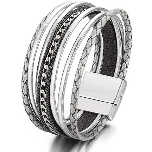 FINETOO Multilayer Leather Wrap Bracelet Handmade Braided Chain Cuff Bangle Alloy Magnet Buckle Bracelets for Women Girls Birthday Gift