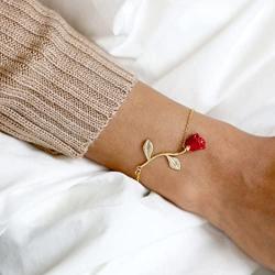 MignonandMignon 14k Gold Rose Gold Silver Plated Rose Bracelet Rose Pendant Bracelet Beauty and The Beast Bracelet Bridesmaid Gift for Mom - 3ERBR