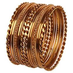 Touchstone ''Golden Bangle Collection Indian Bollywood Clear Rhinestone and Zigzag Designer Jewelry Bangle Bracelets. Set of 18 in Antique Gold Tone for Women.