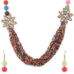 Efulgenz Fashion Chunky Multi Layered Faux Pearl Crystal Floral Statement Necklace Earrings Costume Jewelry Set (Color Options)