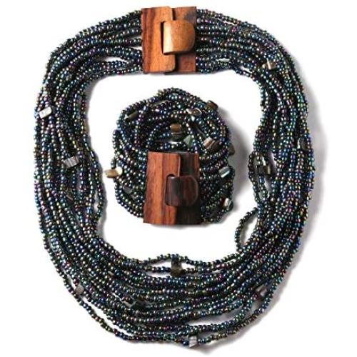 Shop LC Seed Bead Wooden Buckle Stretch Bracelet Multi Strand Layered Necklace Jewelry Set for Women 18''
