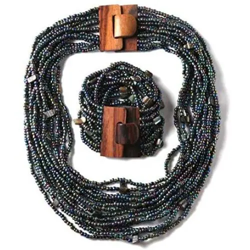 Shop LC Seed Bead Wooden Buckle Stretch Bracelet Multi Strand Layered Necklace Jewelry Set for Women 18''