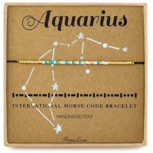 RareLove Aquarius Gifts Constellation Zodiac Morse Code Beaded Bracelet Jewelry Gift for Her,Waterproof Long Distance Friendship Bracelets for Women Birthday Gold Blue White Tiny Pony Seed Beads